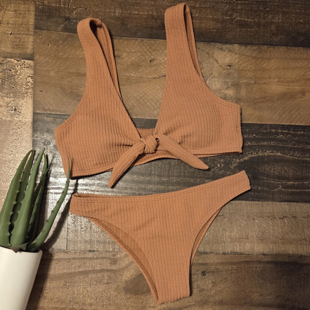 New Rust Ribbed Textured Tie Bikini Set S Small